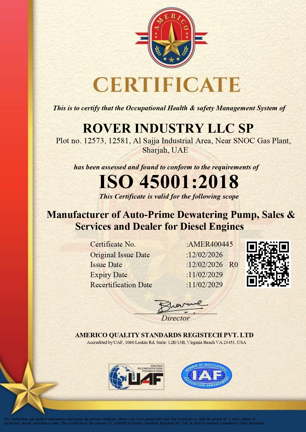 UAF-Americo-ISO-45001-ROVER-INDUSTRY-LLC-SP-ORIGINALS